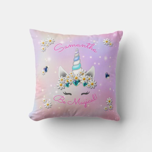 Be Magical Princess Unicorn Crown Flowers Stars Throw Pillow