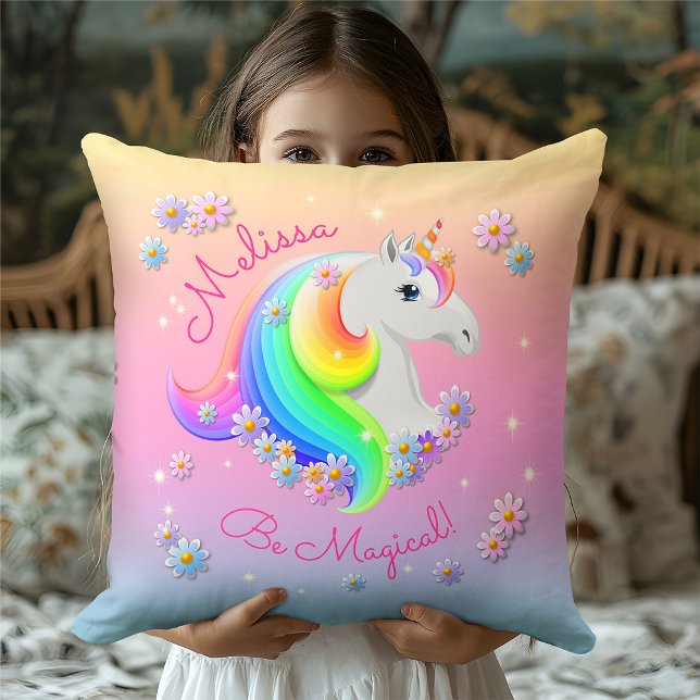 Be Magical Rainbow Unicorn Flowers and Stars Throw Pillow (Creator Uploaded)