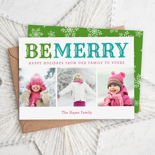 Be Merry  3 Photo Collage Editable Colors Flat Holiday Card