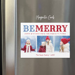 Be Merry | 3 Photo Collage Magnetic Christmas Card<br><div class="desc">Affordable custom magnetic Christmas photo cards with a simple template for customization. This cute festive design features bold BE MERRY typography in blue and red colors. The greeting below reads "Happy holidays from our family to yours". Personalize it with 3 family photos, your names and the year. Use the design...</div>