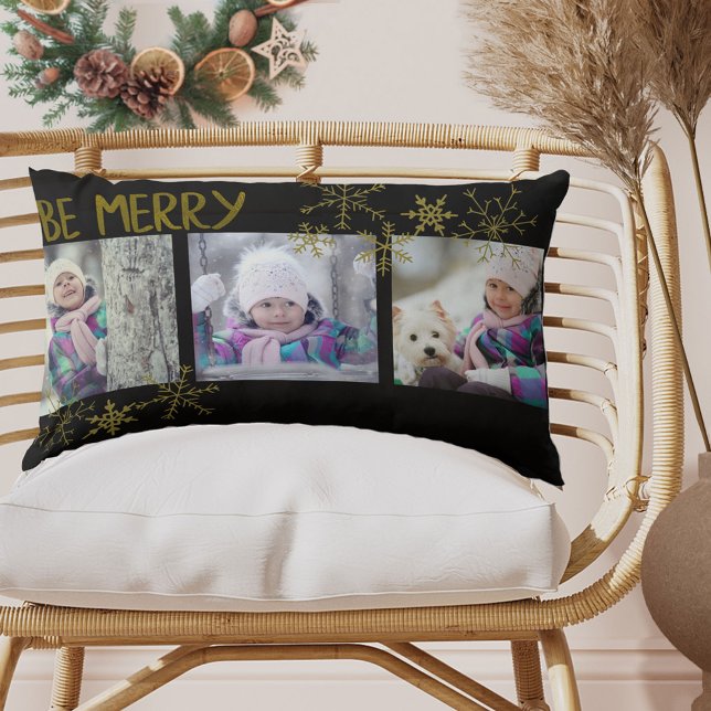 Be Merry Add your own Photos Black Gold Christmas Lumbar Pillow (Creator Uploaded)