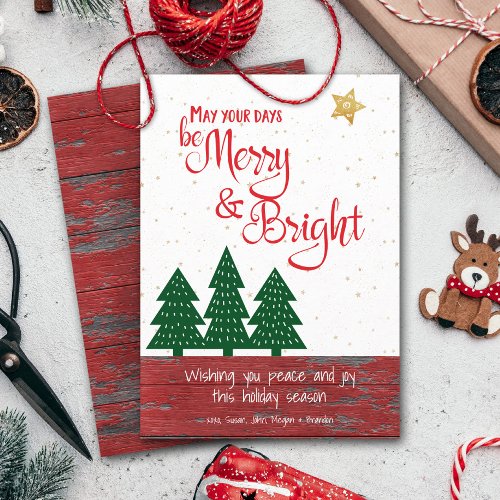 Be Merry and Bright Gold Star Tree Red Rustic Wood Holiday Card