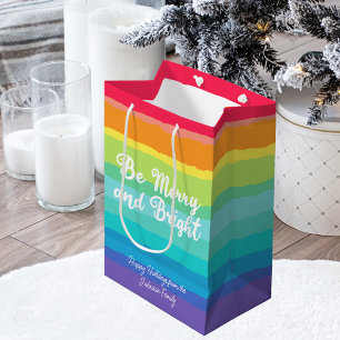 Be Merry and Bright Rainbow Custom Christmas Party Medium Gift Bag