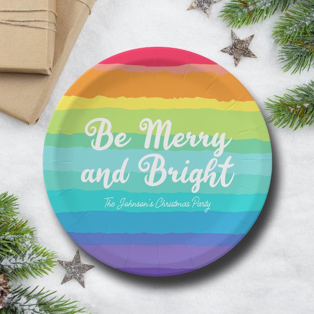 Be Merry and Bright Rainbow Custom Christmas Party Paper Plates (Creator Uploaded)