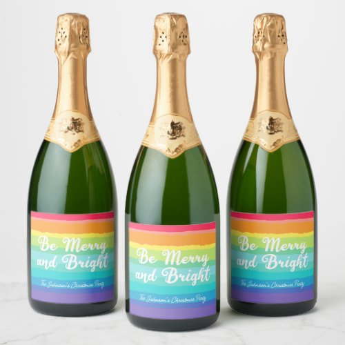 Be Merry and Bright Rainbow Custom Christmas Party Sparkling Wine Label