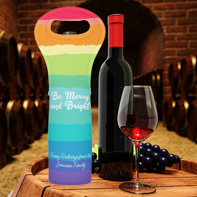Be Merry and Bright Rainbow Custom Christmas Party Wine Bag (Creator Uploaded)