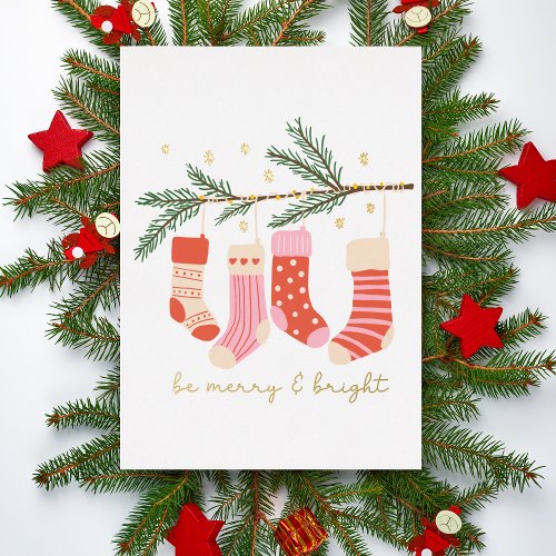 Be Merry and Bright Red  White Christmas Foil Holiday Card
