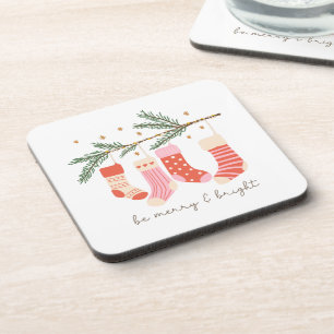 Be Merry and Bright Red & White Christmas Holiday Beverage Coaster