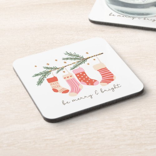 Be Merry and Bright Red  White Christmas Holiday Beverage Coaster