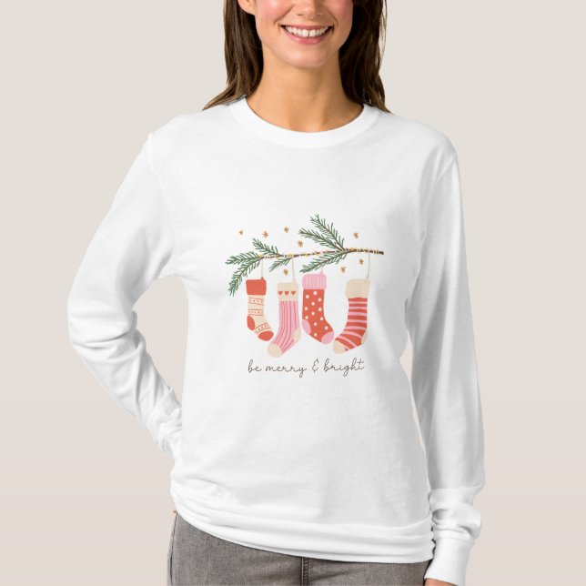 Be Merry and Bright Red & White Christmas Holiday T-Shirt (Front)