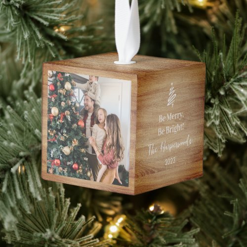 Be Merry Be Bright 3 Photo Christmas Family Wood Cube Ornament