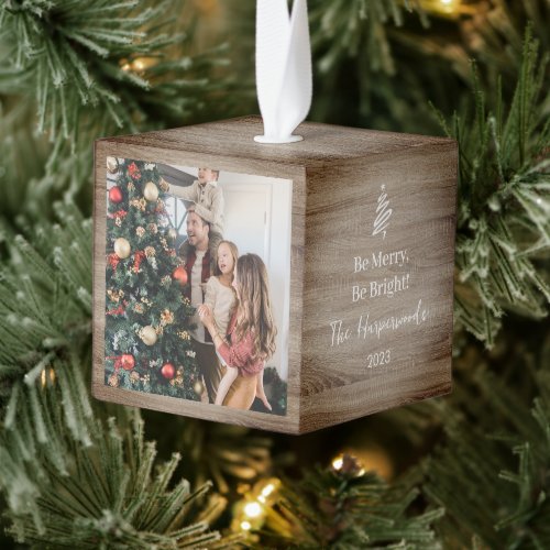Be Merry Be Bright 3 Photo Christmas Family Wood Cube Ornament