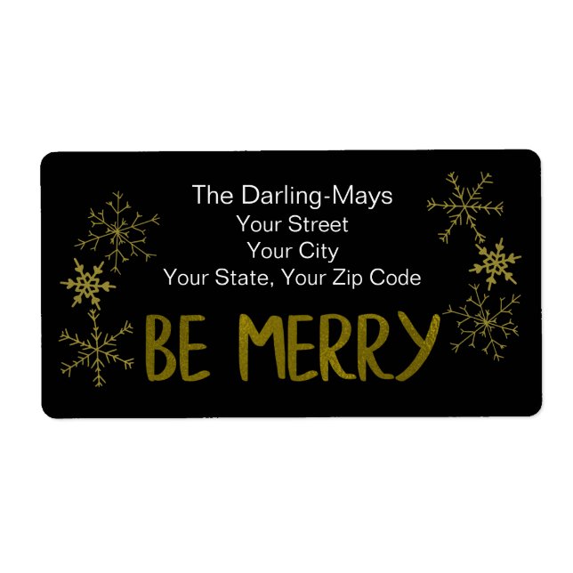 Be Merry Black and Gold Snowflakes Address Label (Front)