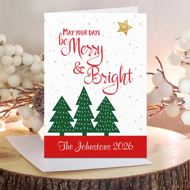 Be Merry Bright Christmas Tree Gold Star Script Holiday Card (Creator Uploaded)
