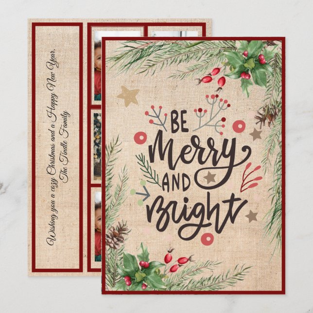 "Be Merry & Bright" Festive 5 Photo Christmas Holiday Card (Front/Back)