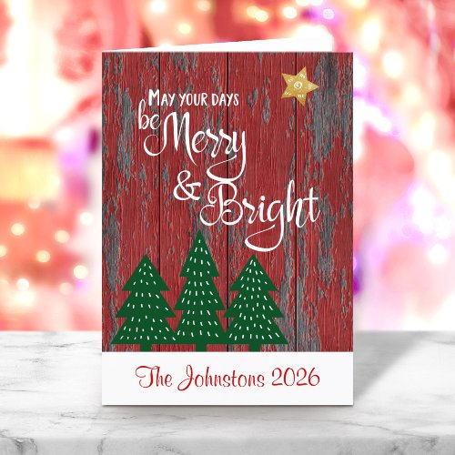 Be Merry Bright Script Rustic Wood Gold Star Trees Holiday Card