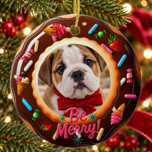 Be Merry Chocolate Donut Puppy Photo Ceramic Ornament