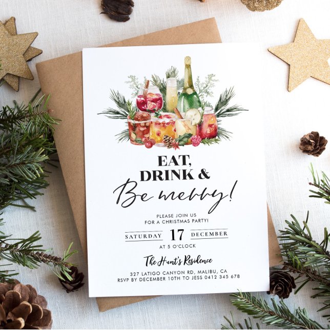 Be Merry Christmas Drinks Party Invitation (Eat, Drink & Be Merry - Christmas Party Invitation)