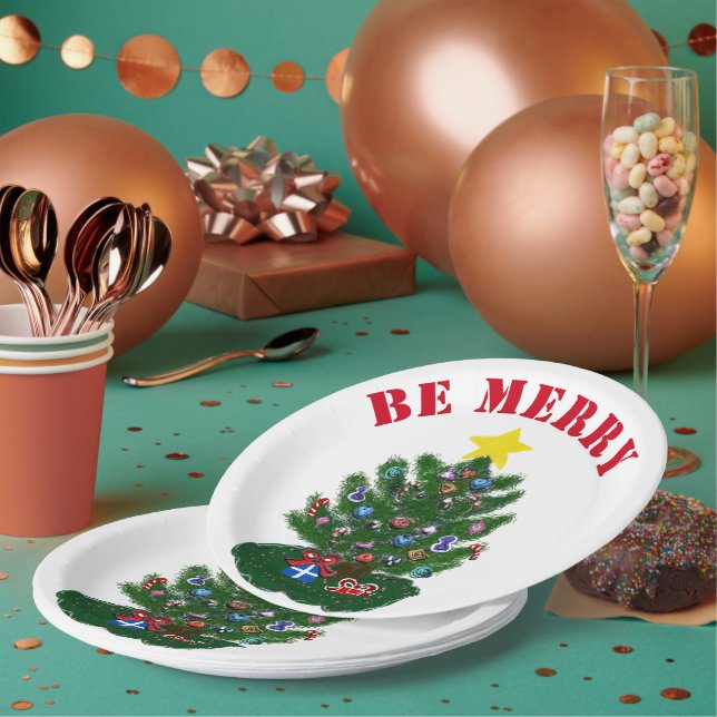 Be Merry Christmas Tree Yellow Star Paper Plates (Multi)
