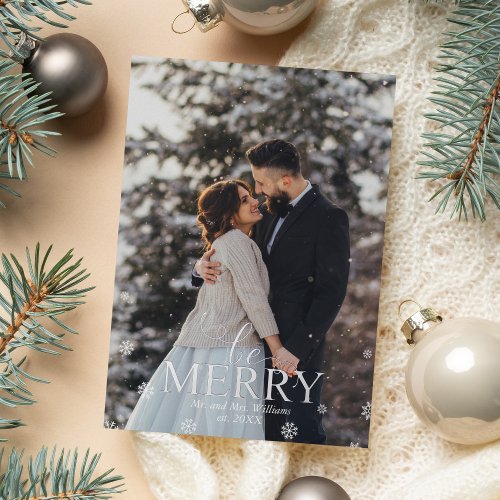 Be Merry Elegant Typography Photo Foil Holiday Card