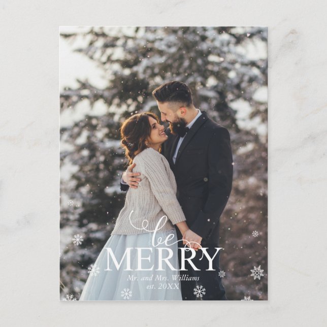 "Be Merry" Elegant Typography Photo Holiday Postcard (Front)