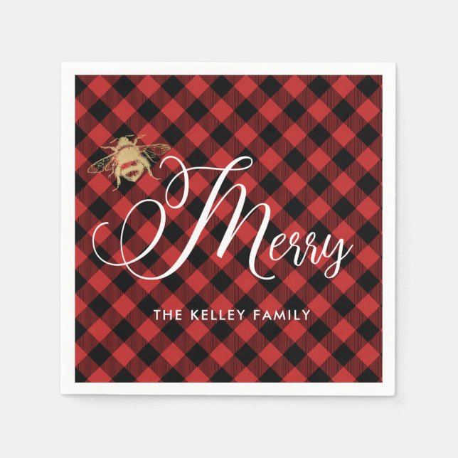 Be Merry, Gold Bee on Red Buffalo Plaid Custom Napkins (Front)