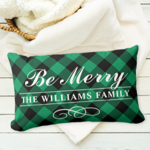 Be Merry Green Buffalo Plaid Family Monogram Lumbar Pillow