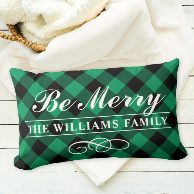 Be Merry Green Buffalo Plaid Family Monogram Lumbar Pillow (Creator Uploaded)