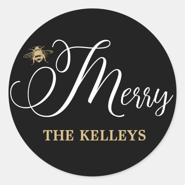 Be Merry Holiday Envelope Seal, Black & Gold Classic Round Sticker (Front)
