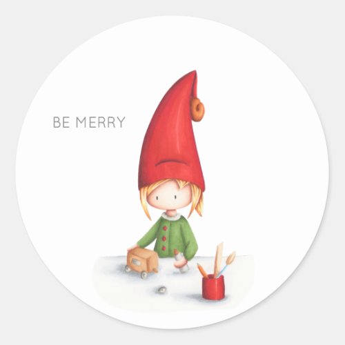 Be Merry Minimalist Elf Working Making Toys Classic Round Sticker