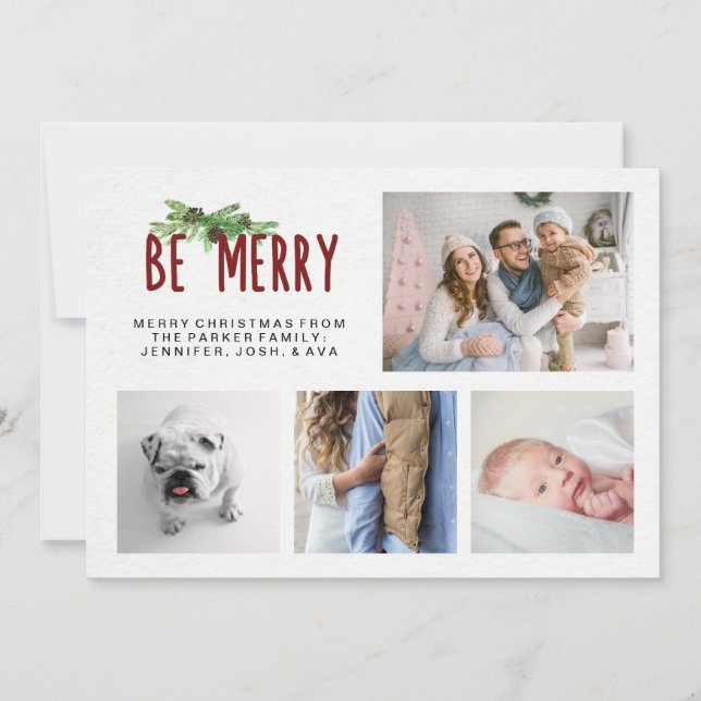 Be Merry | Modern Four Photo Christmas with Pine Holiday Card (Front)