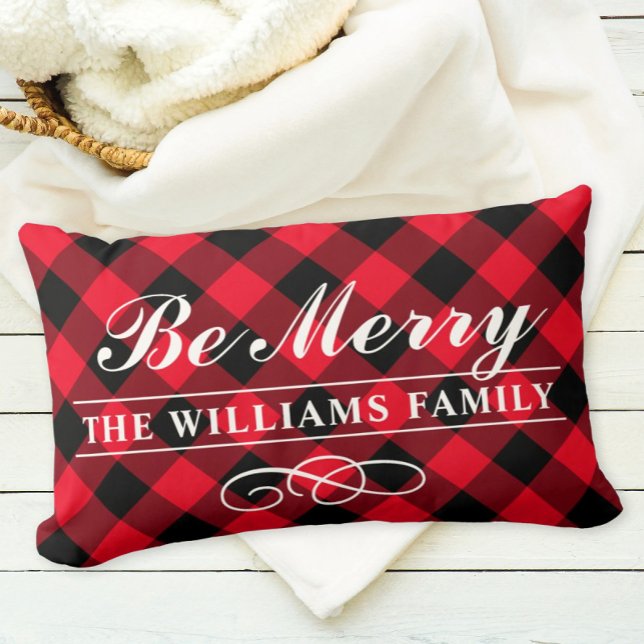Be Merry Modern Red Buffalo Plaid Family Monogram Lumbar Pillow (Creator Uploaded)