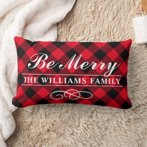 Be Merry Modern Red Buffalo Plaid Family Monogram Lumbar Pillow