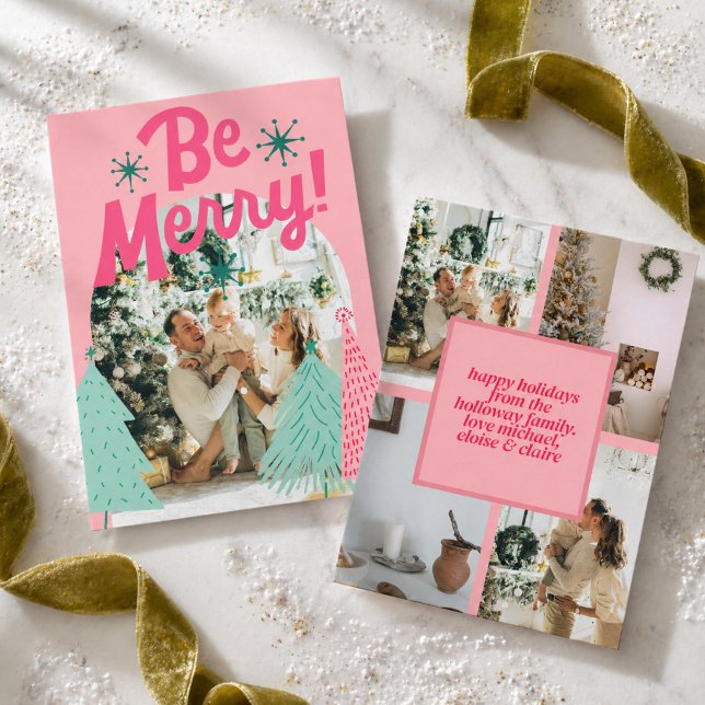 Be Merry Pink Scribble Tree Arched Photo  Holiday Card (Be Merry Pink Scribble Tree Arched Photo Holiday Card)