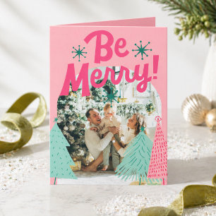 Be Merry Pink Scribble Tree Arched Photo  Holiday Card
