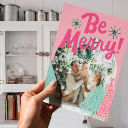 Be Merry Pink Scribble Tree Arched Photo Holiday Card
