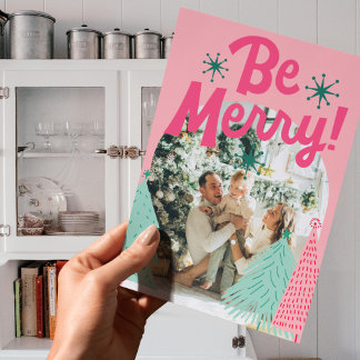 Be Merry Pink Scribble Tree Arched Photo Holiday Card
