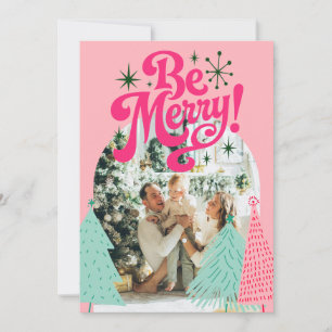 Be Merry Pink Scribble Tree Arched Photo  Holiday Card