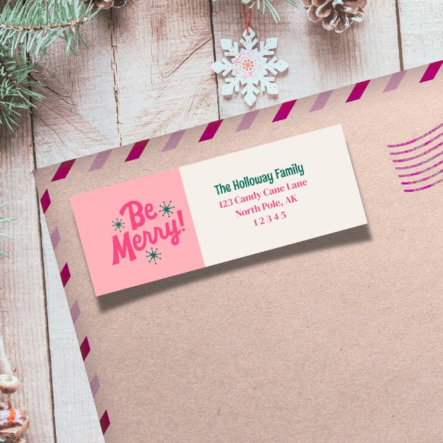 Be Merry Pink Scribble Tree Arched Photo  Label (Send cheer with this bold and playful holiday labels!)