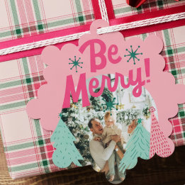 Be Merry Pink Scribble Tree Arched Photo Ornament Card