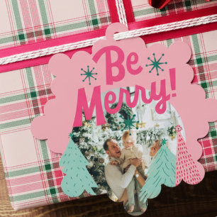 Be Merry Pink Scribble Tree Arched Photo Ornament Card