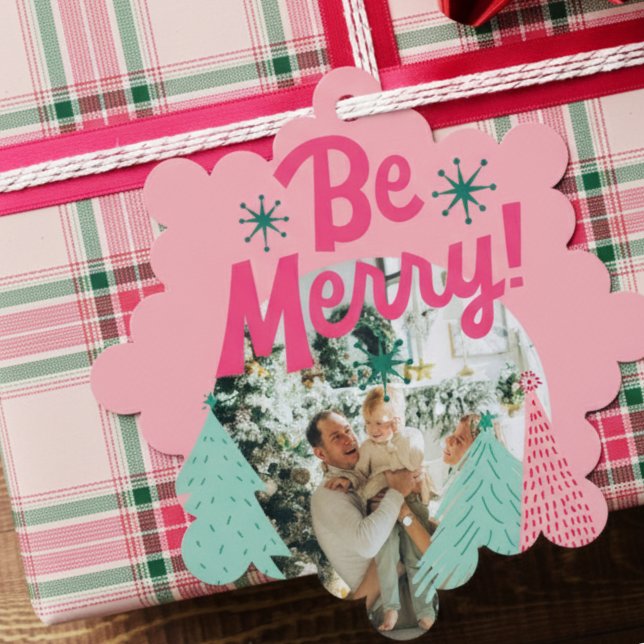 Be Merry Pink Scribble Tree Arched Photo Ornament Card (Send cheer with this bold and playful holiday ornament!)