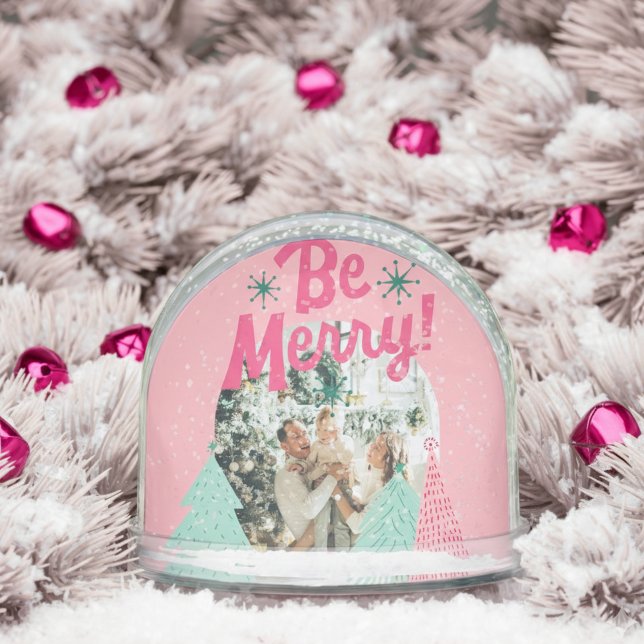 Be Merry Pink Scribble Tree Arched Photo  Snow Globe (Send cheer with this bold and playful holiday snow globe!)