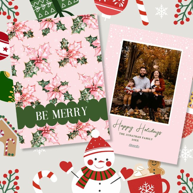 Be Merry Pink Snow Floral Christmas Holiday Card (Creator Uploaded)