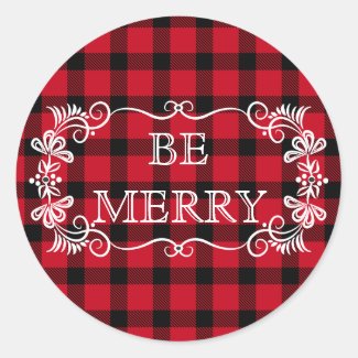 Be Merry Red Black Plaid Classic Round Sticker