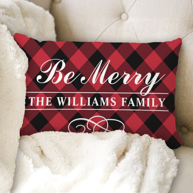 Be Merry Red Buffalo Plaid Family Monogram Lumbar Pillow (Creator Uploaded)