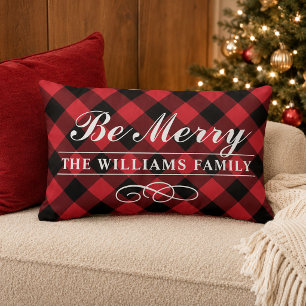 Be Merry Red Buffalo Plaid Family Monogram Lumbar Pillow