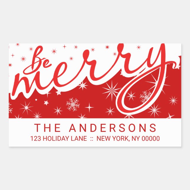 Be Merry Red Handwritten Christmas Return Address Rectangular Sticker (Front)