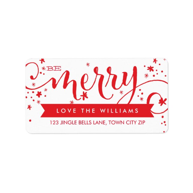 BE MERRY SCRIPT red holiday address label (Front)