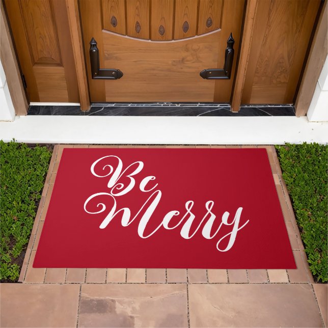 Be Merry Typography Script in Red Background Doormat (Outdoor)